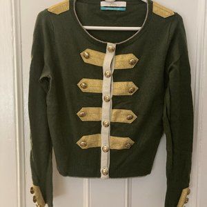 Boden Icons "Royal Couple" military inspired Cardigan Green Gold Viscose Wool M